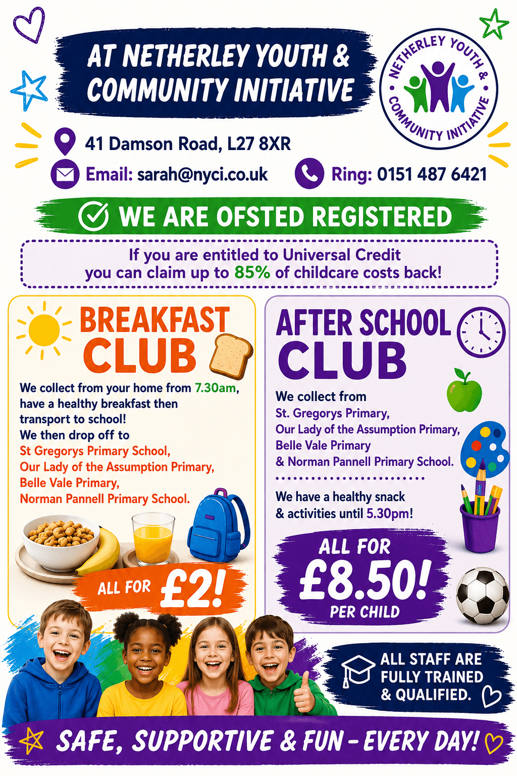 Breakfast club and after school club flyer, listing collection from local primary schools and session prices