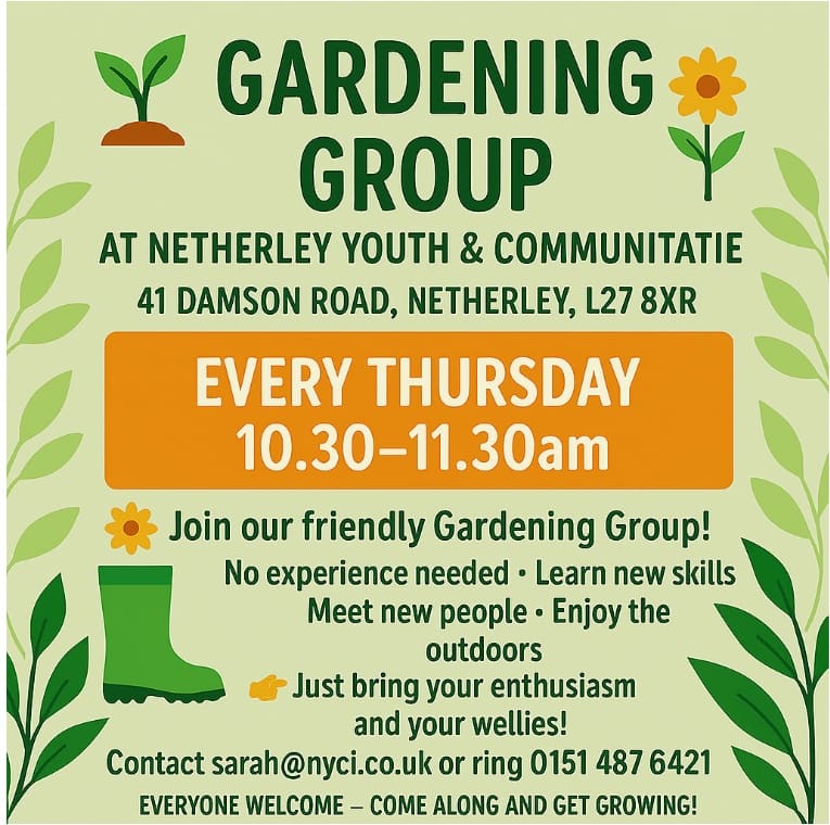 Gardening group flyer — every Thursday, 10.30am to 11.30am, no experience needed