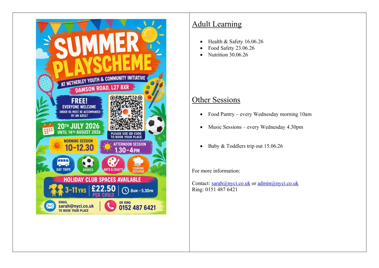 Summer Playscheme flyer alongside a list of adult learning courses, the food pantry, music sessions and a baby and toddler trip out