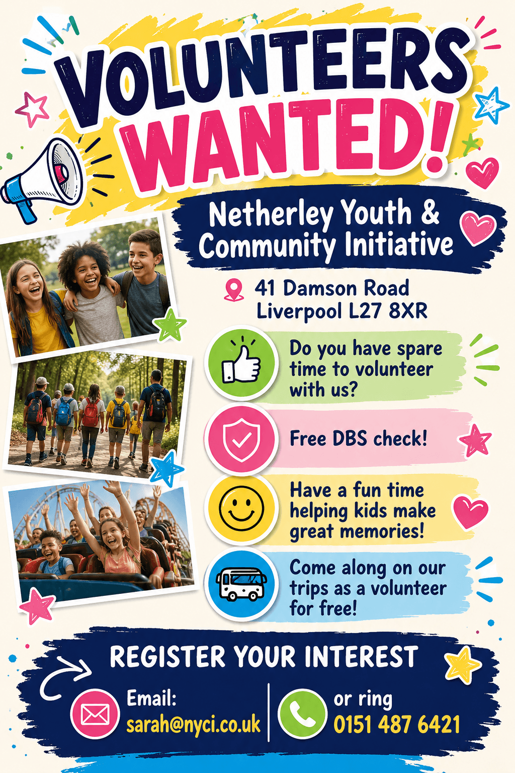 Volunteers wanted flyer — free DBS check, come along on our trips as a volunteer for free
