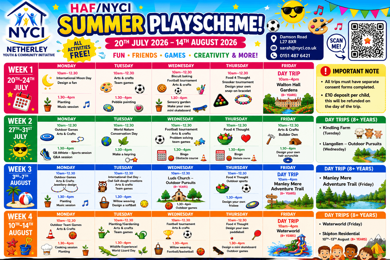 HAF/NYCI Summer Playscheme timetable, 20th July to 14th August 2026, with the week-by-week activities and day trips