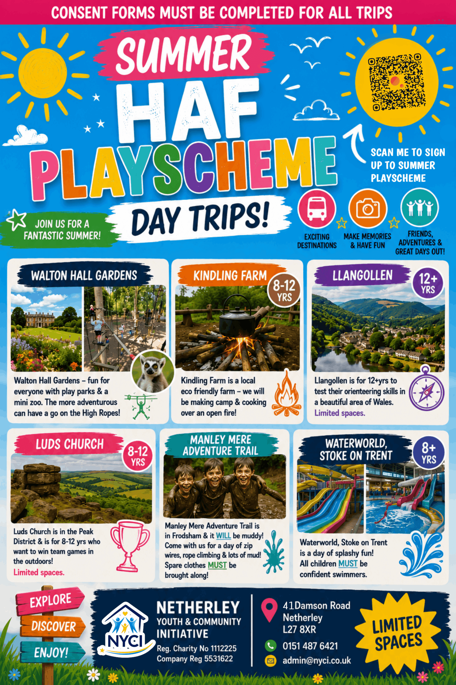Summer HAF Playscheme day trips flyer — Walton Hall Gardens, Kindling Farm, Llangollen, Luds Church, Manley Mere and Waterworld